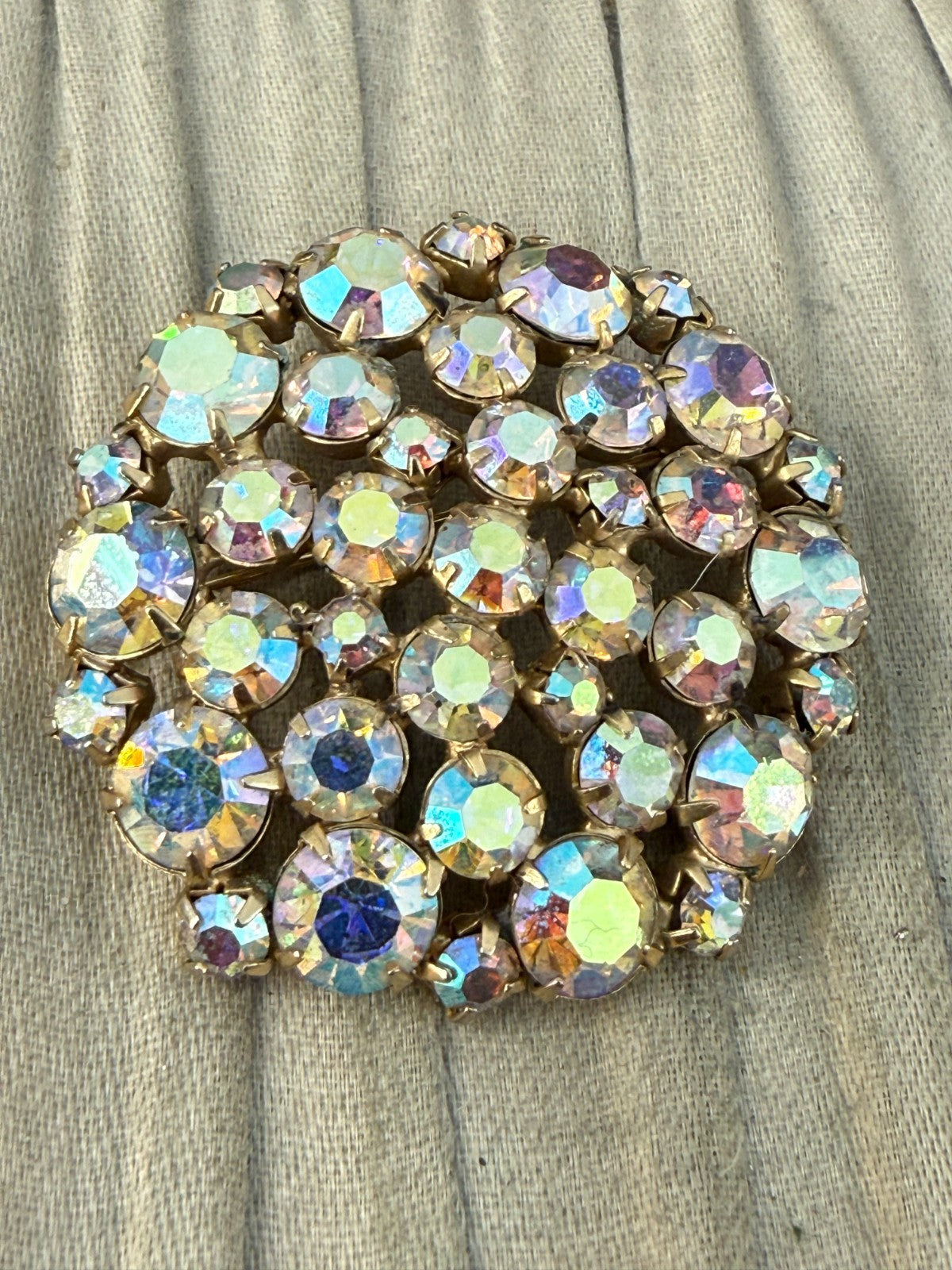 Vintage Aurora Borealis Rhinestone Brooch Cluster Gold Tone Pin 1950s 1960s
