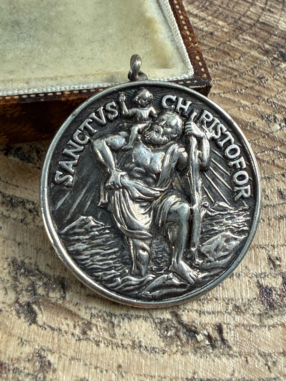 Vintage St Christopher Medal Pendant Silver Tone Sanctus Christofor Inscribed
