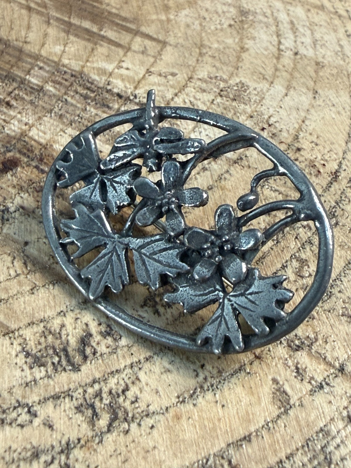 Vintage MASJ Silver Scenes Floral Brooch Pin Plated Pewter Oval Flower Geranium