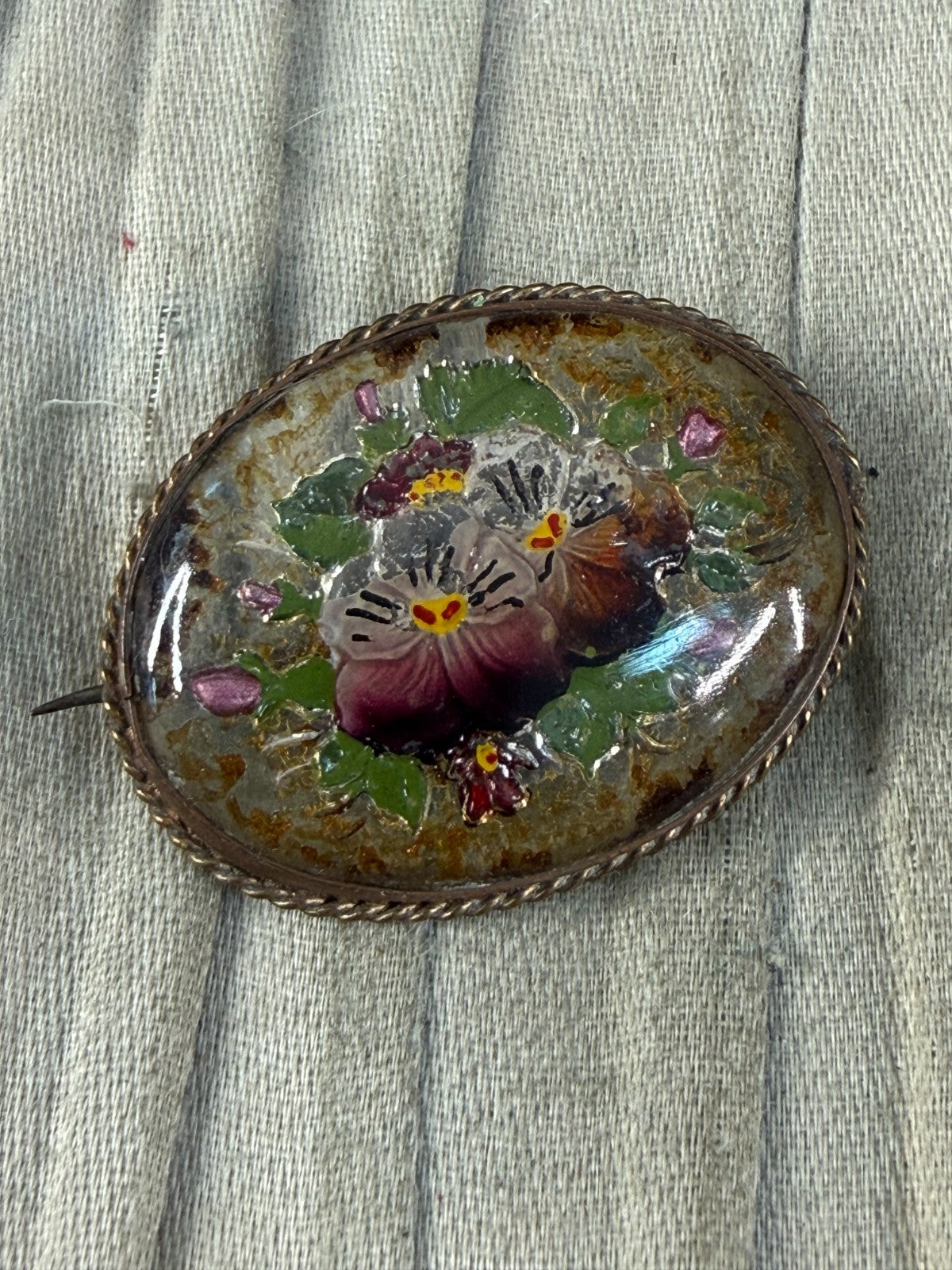Antique Goofus Glass Pansy Brooch Floral Oval Gold Tone Painted Victorian