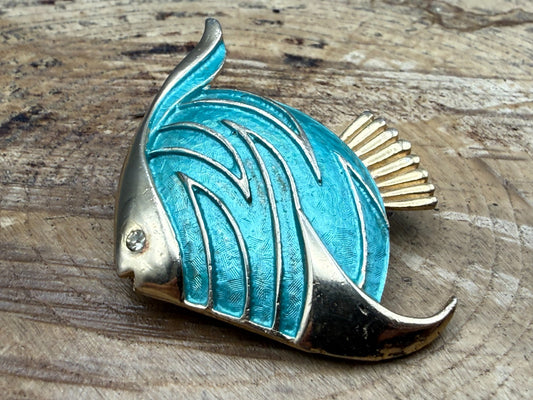 Vintage Pastelli Angel Fish Brooch Gold Tone Turquoise Pin Tropical Sealife