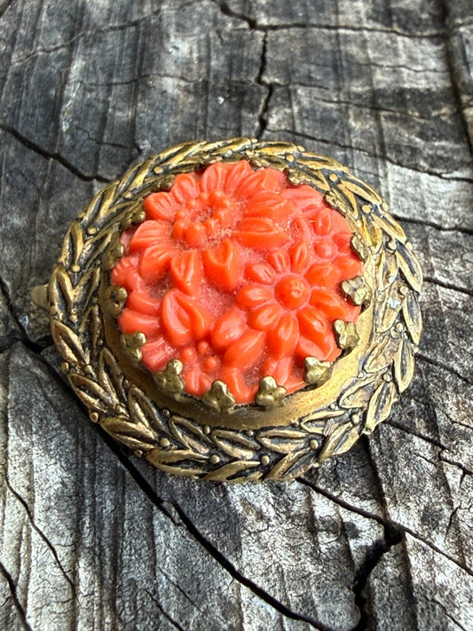 Antique Art Deco Brooch Red Celluloid Floral Pin Faux Coral Gold Tone Lapel