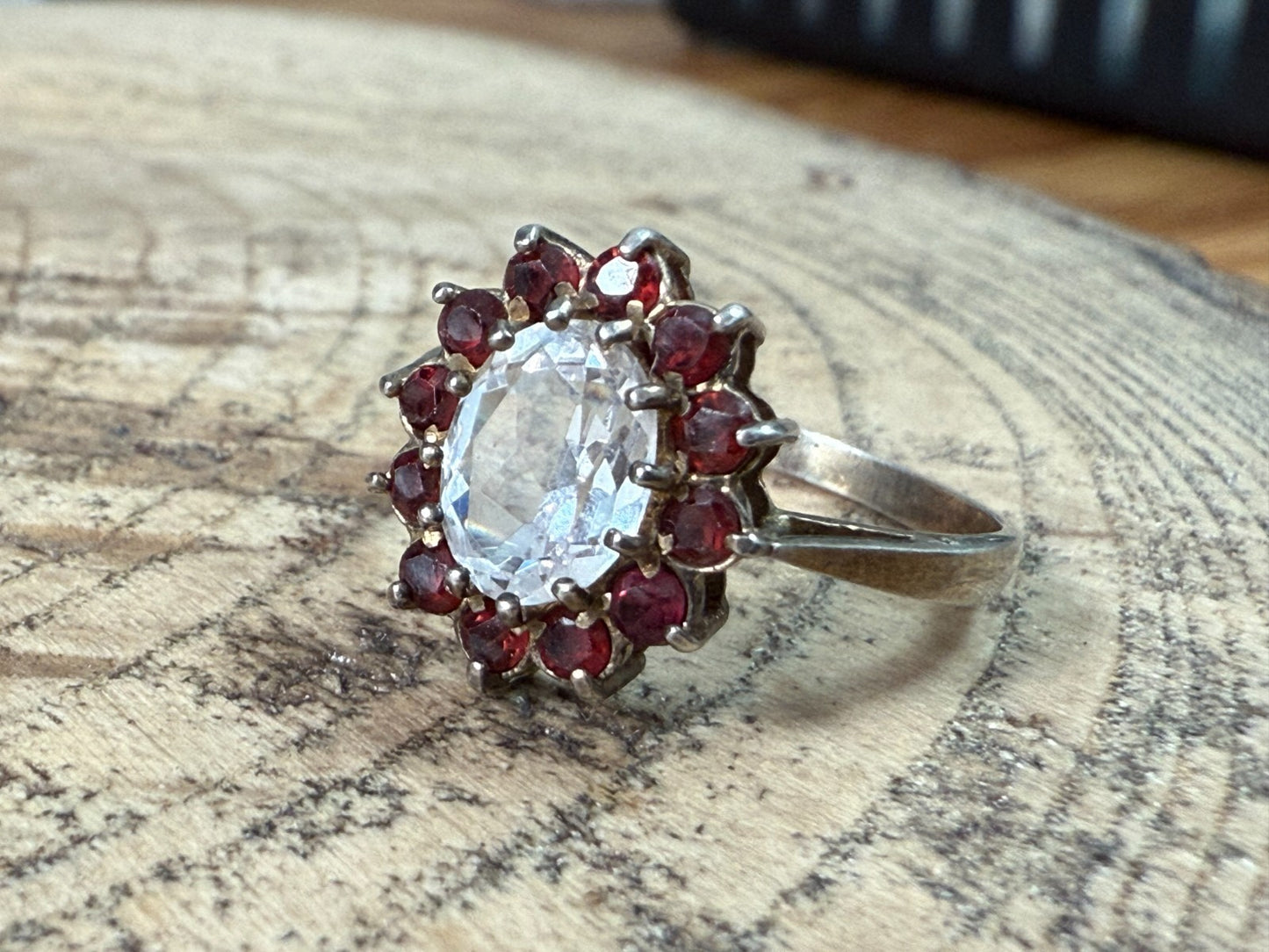 Vintage Silver Milky Quartz Ring Red Glass Rhinestone Cluster Cocktail Size M