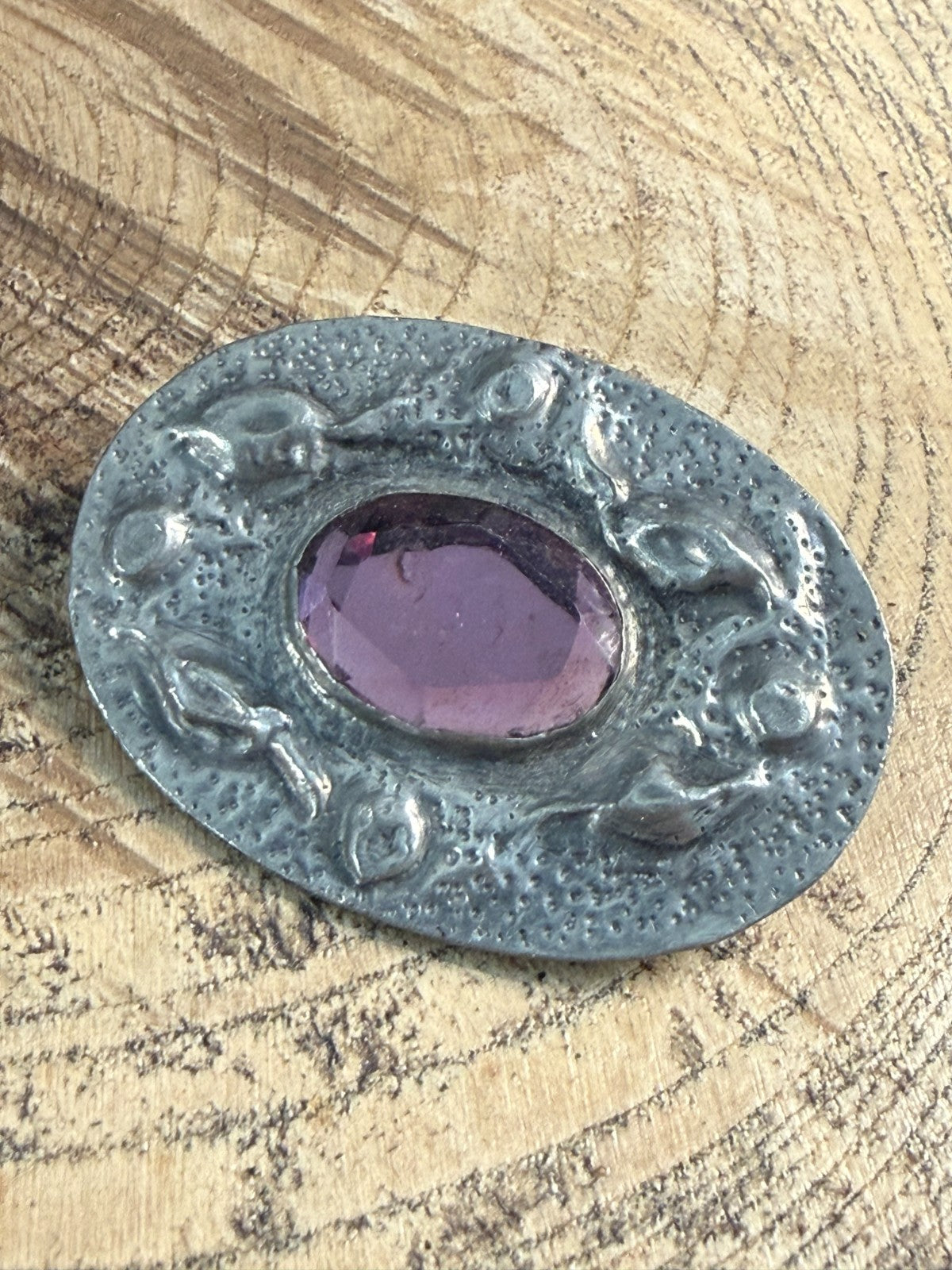Vintage Ruskin Style Oval Brooch Arts & Crafts Pewter Purple Glass Oval Pin