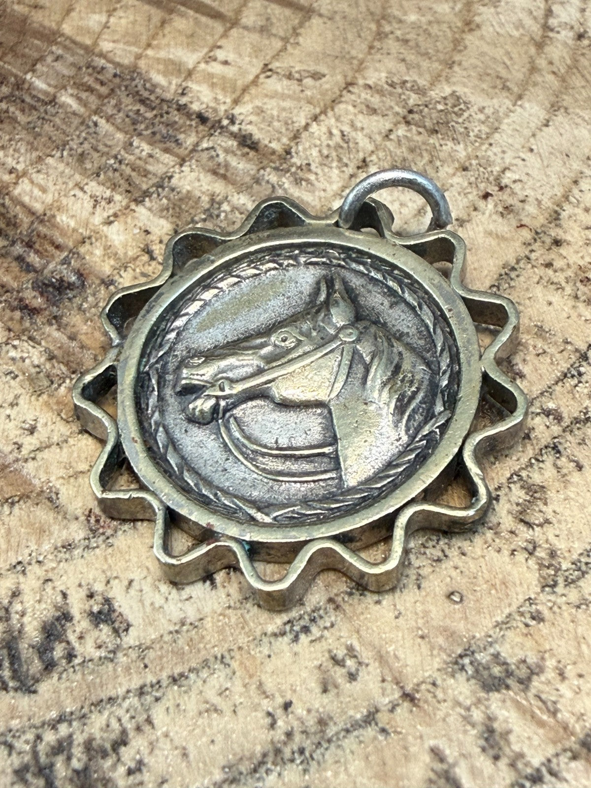 Vintage Horse Head Pendant Silver Tone Fob Medal Equestrian Scalloped Border