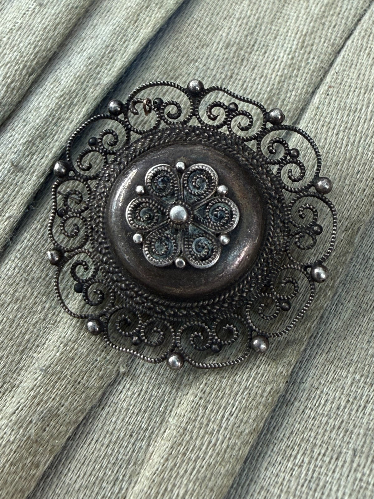 Antique Scandinavian 830 Silver Filigree Brooch Scrollwork Floral Rosette Pin