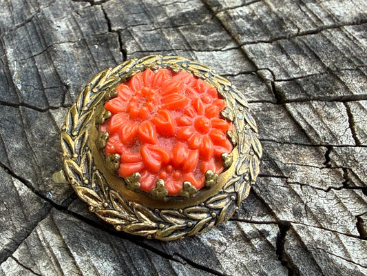 Antique Art Deco Brooch Red Celluloid Floral Pin Faux Coral Gold Tone Lapel