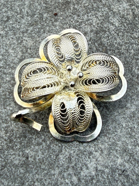 Vintage Four Leaf Clover Brooch Silver Tone Pin Floral Filigree Mid Century
