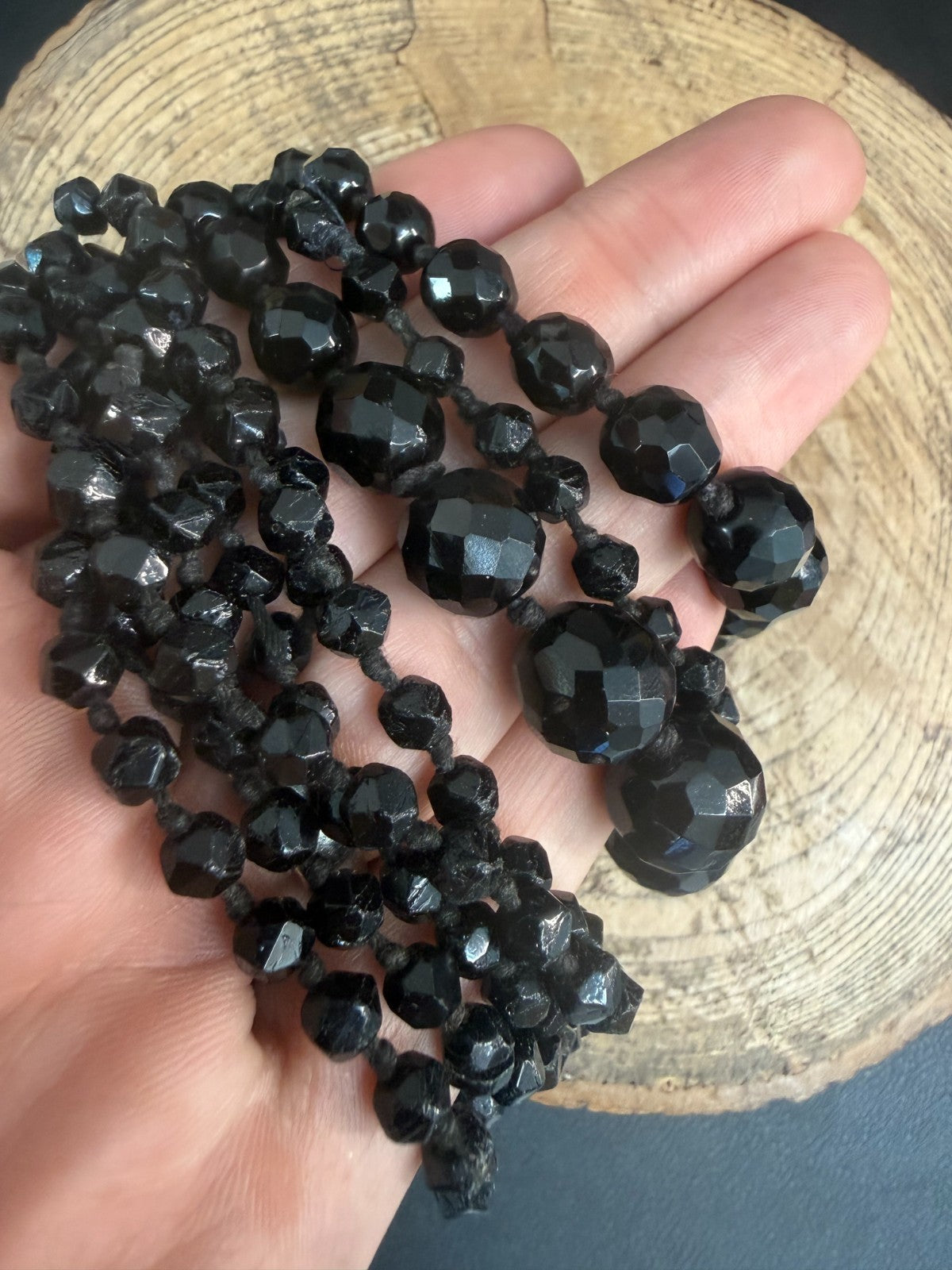Antique Black Glass Beaded Necklace French Jet Faceted Graduating Victorian