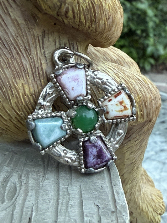 Vintage Celtic Cross Pendant Silver Tone Faux Agate Pebble Glass Colourful