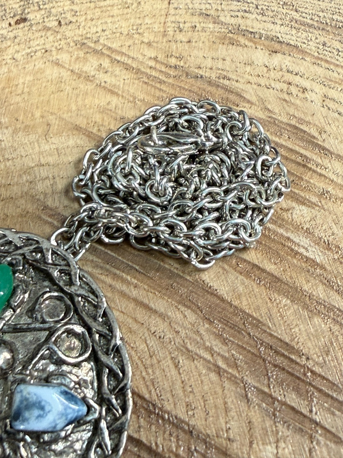 Vintage Silver Tone Celtic Knotwork Disc Pendant Necklace Multicolour Glass