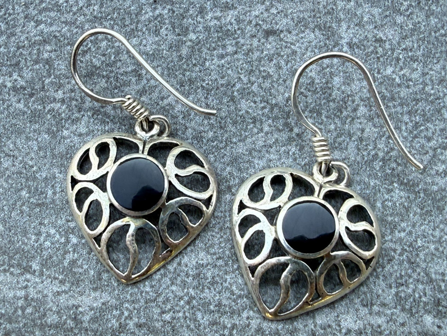 Sterling Silver Heart Earrings Black Onyx Drop Dangle Openwork Love Anniversary