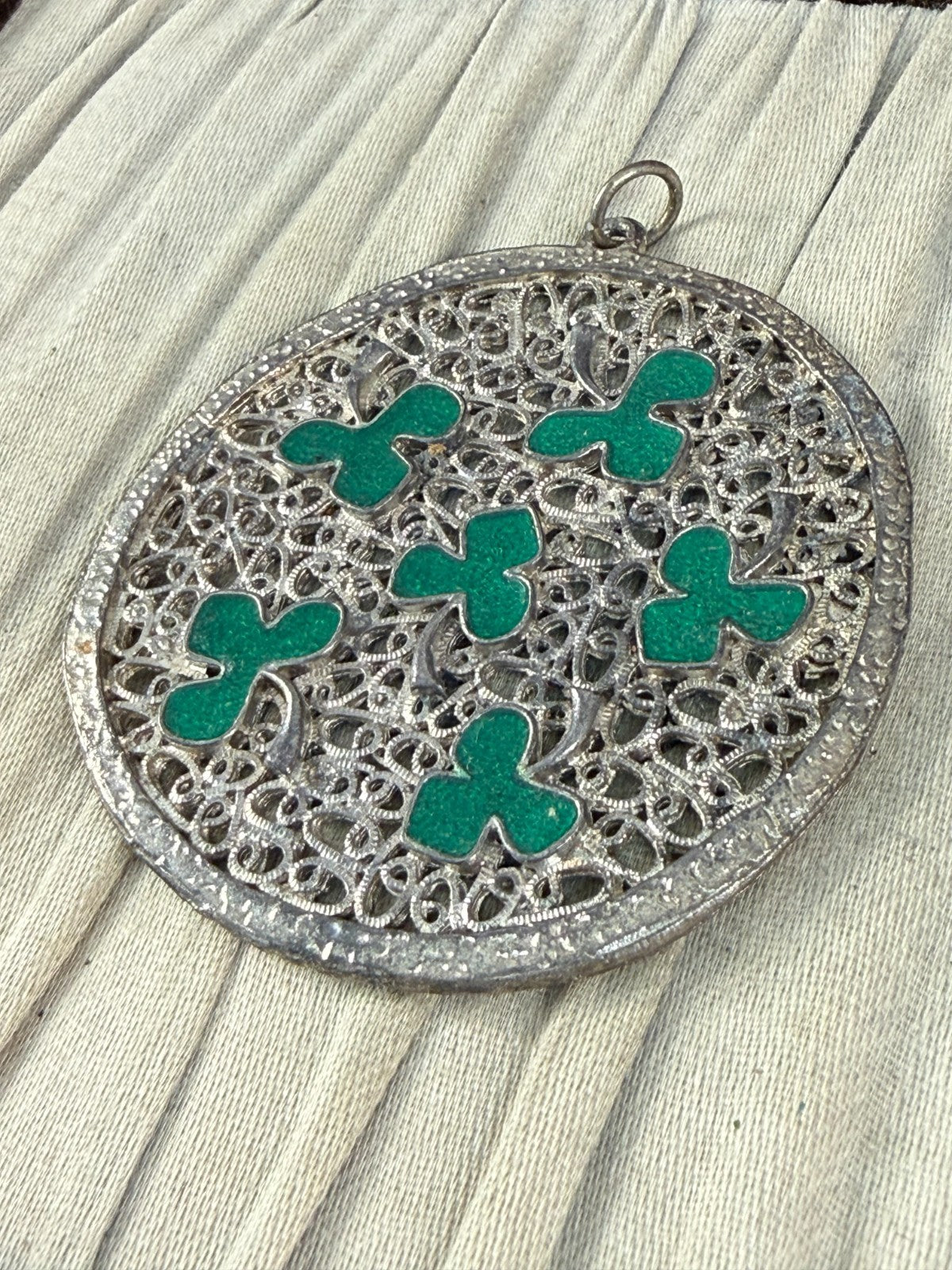 Vintage Silver Tone Shamrock Pendant Green Enamel Openwork Celtic Clover Lucky