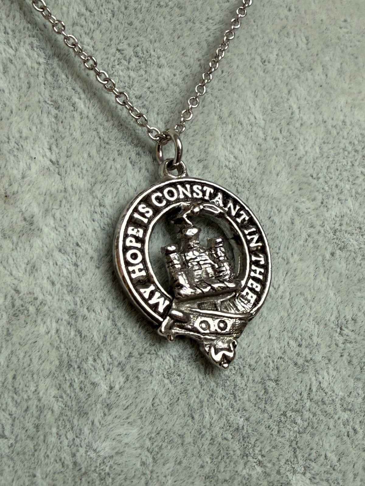 Vintage Silver Tone Clan Douglas Crest Pendant Necklace Scottish Motto Celtic