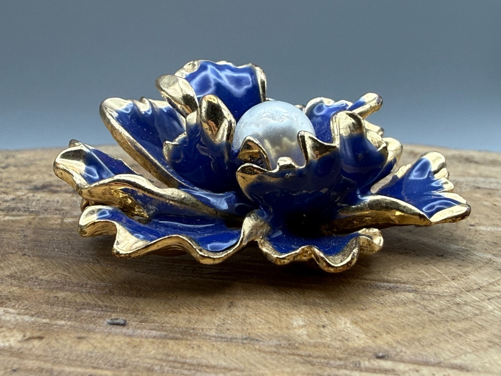 Vintage Blue Enamel Flower Brooch Ruffled Gold Tone Paeony Pin Faux Pearl
