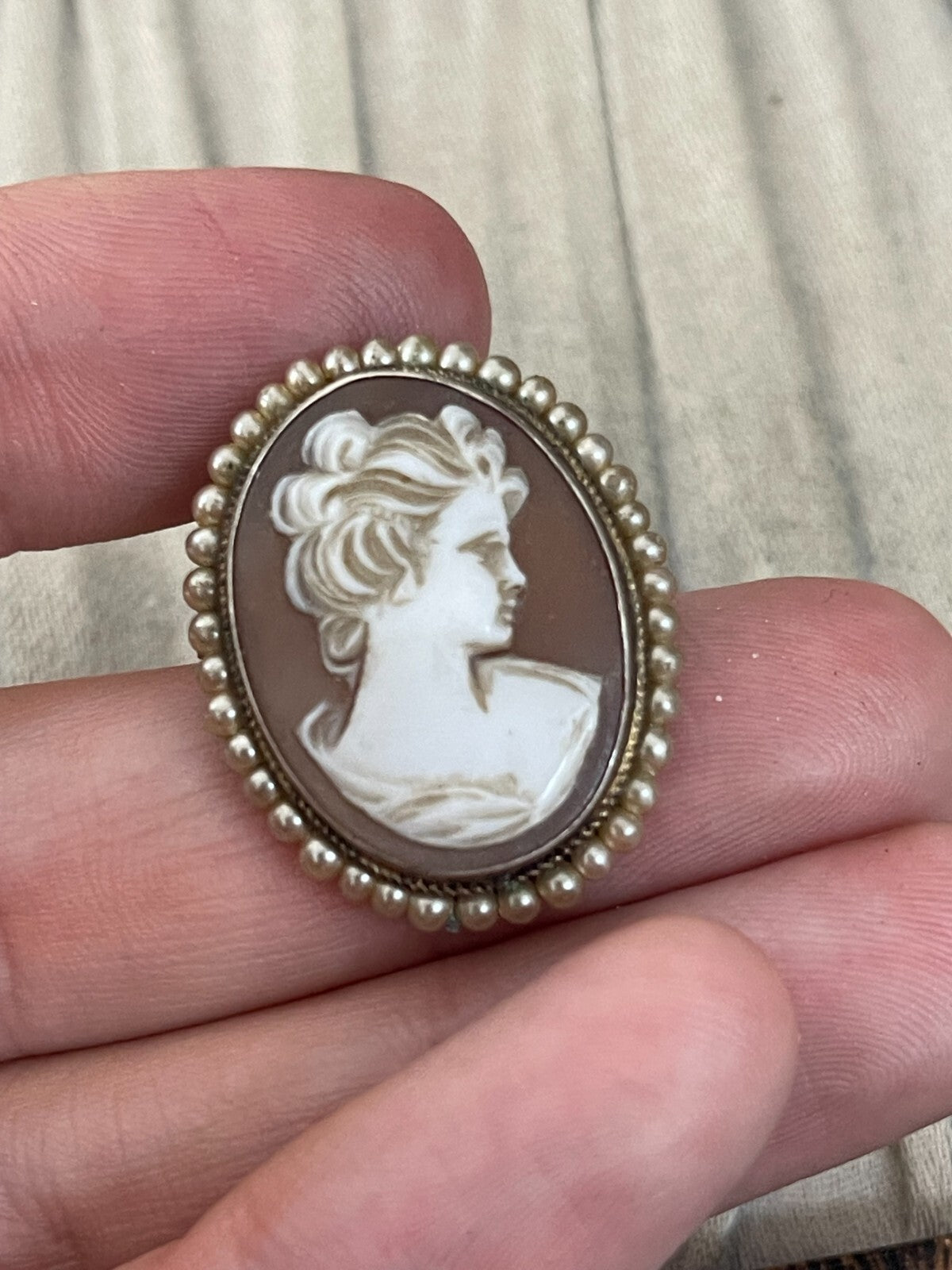 Vintage 800 Silver Gilt Shell Cameo Brooch Pin Petite Faux Seed Pearl Portrait