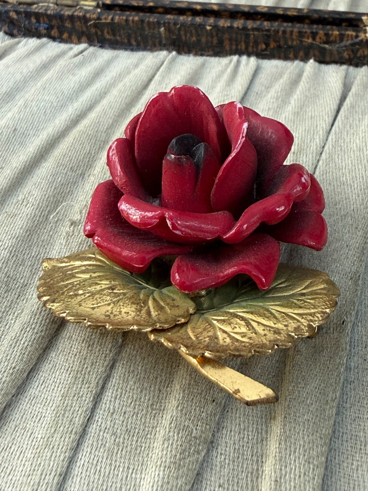 Vintage Red Rose Brooch Gold Tone Leaf Base Painted Plastic Floral 1970s 1980s