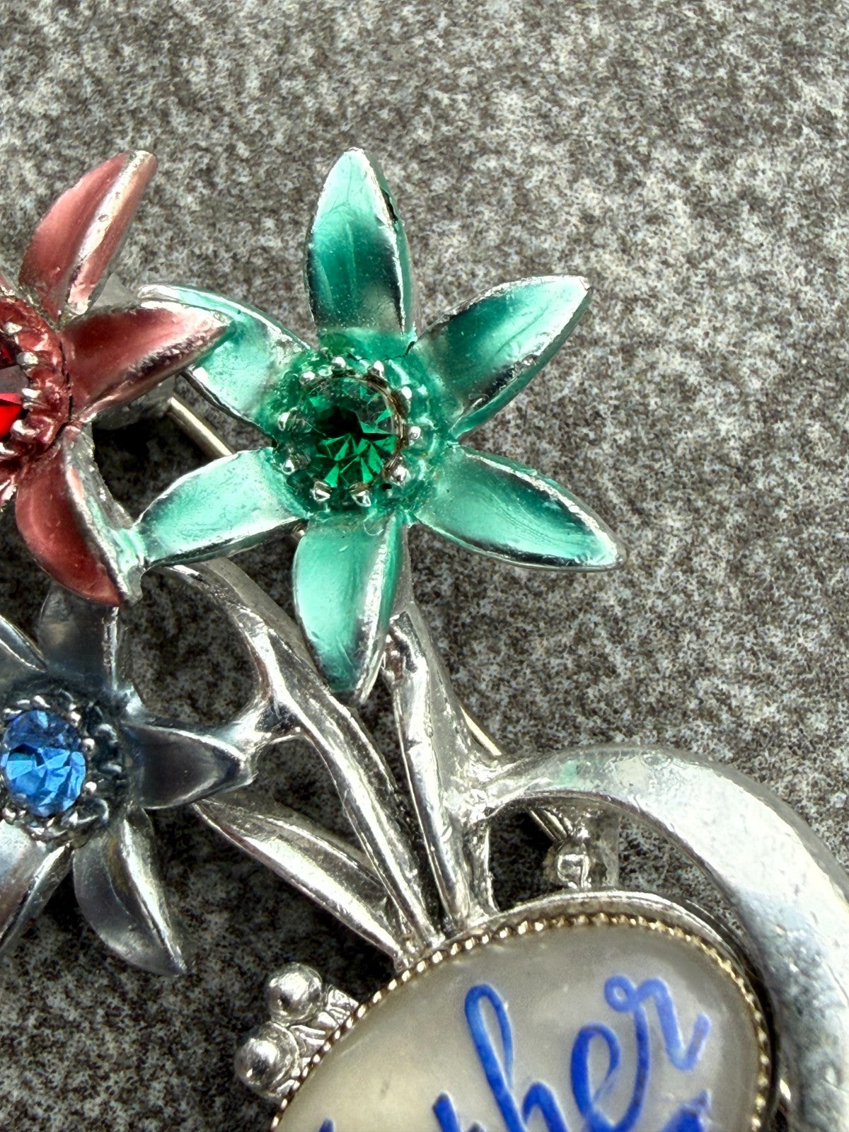 Vintage Mother Brooch Silver Tone Flower Pin Grandmother Mum Mom Colourful