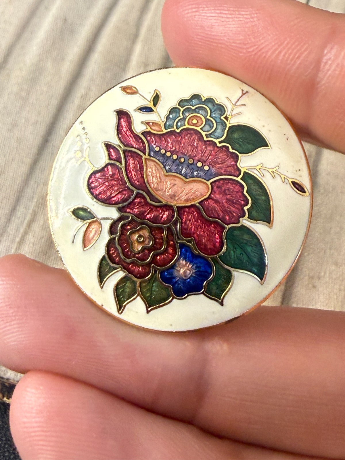 Vintage Cloisonné Enamel Floral Brooch Multicolour Flower Round Gold Tone Pin