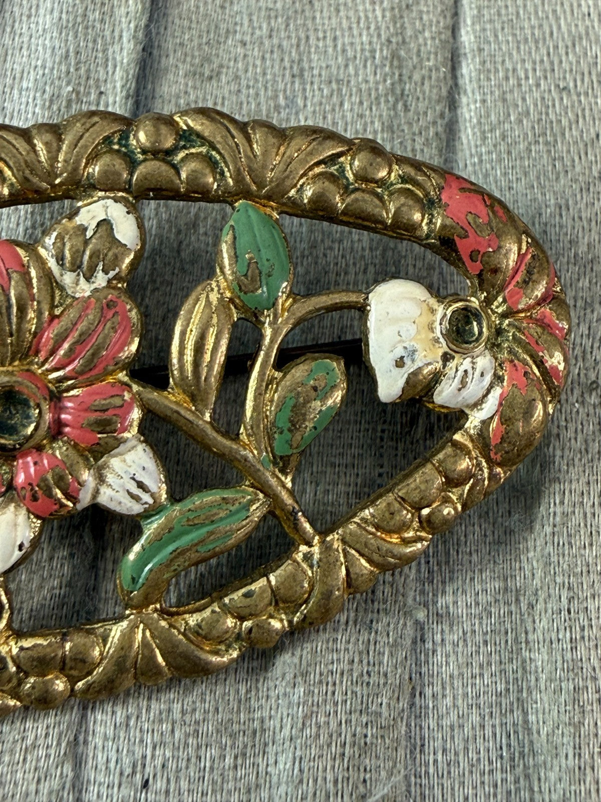 Vintage Art Deco Flower Brooch Gold Tone Oval Pin Brass Painted 1930s 1940s