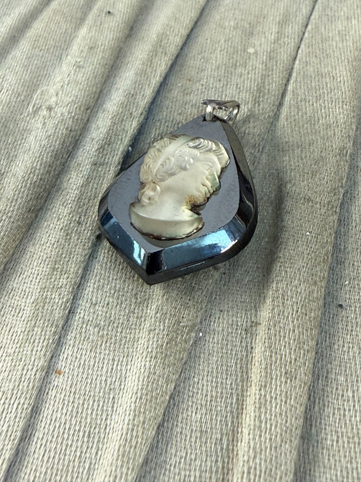 Vintage Hematite Glass Cameo Pendant Classical Female Portrait Silver Tone