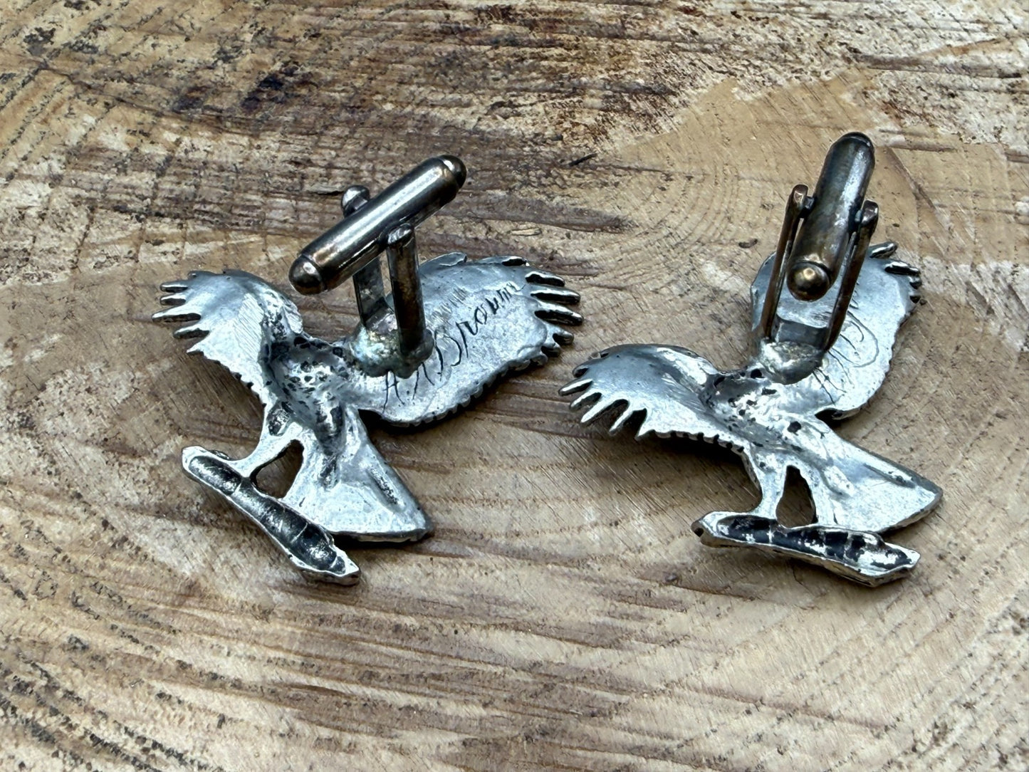 Vintage A.R. Brown Pewter Eagle Cufflinks Silver Tone Signed Bird of Prey