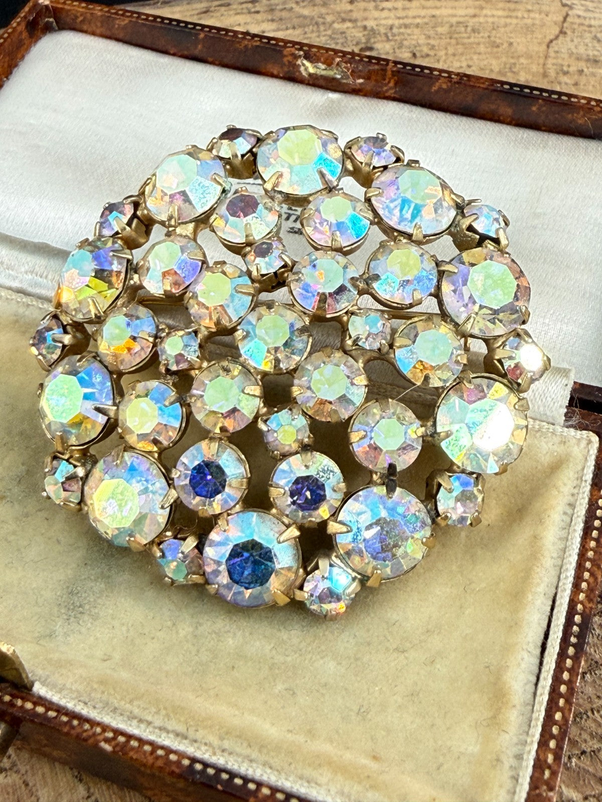 Vintage Aurora Borealis Rhinestone Brooch Cluster Gold Tone Pin 1950s 1960s