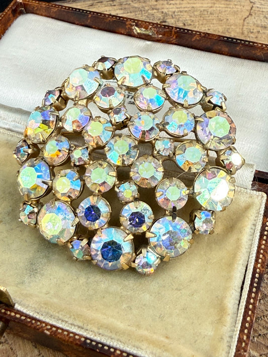 Vintage Aurora Borealis Rhinestone Brooch Cluster Gold Tone Pin 1950s 1960s