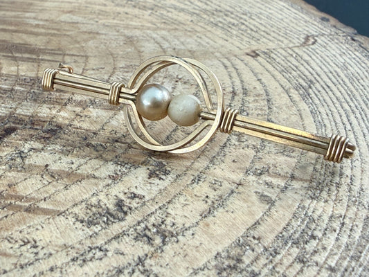 Antique Art Deco Gilt Bar Brooch Twin Pearl Cage Wirework Lapel Gold Tone Pin