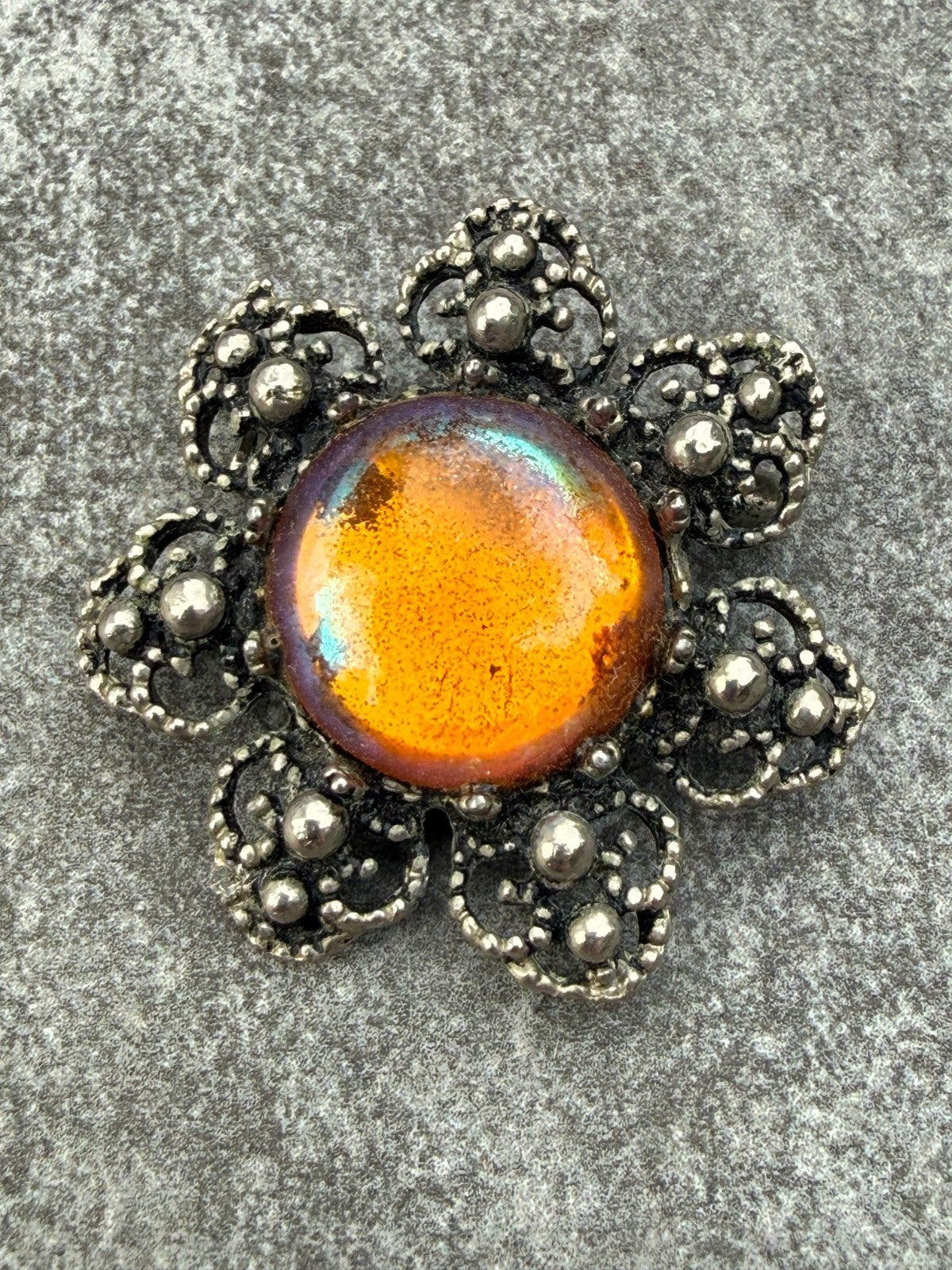 Vintage Flower Brooch Silver Tone Orange Foil Backed Glass Cabochon Floral Pin