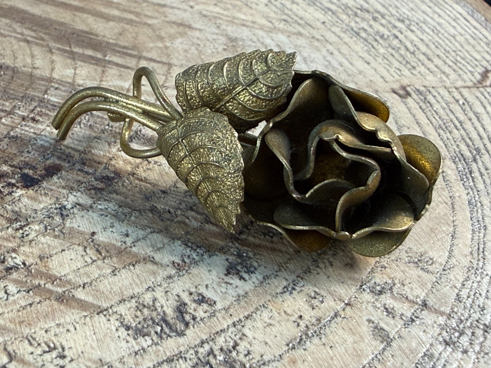 Vintage Rose Brooch Gold Tone Pin Flower Floral Sculptural 1940s Brass Natural