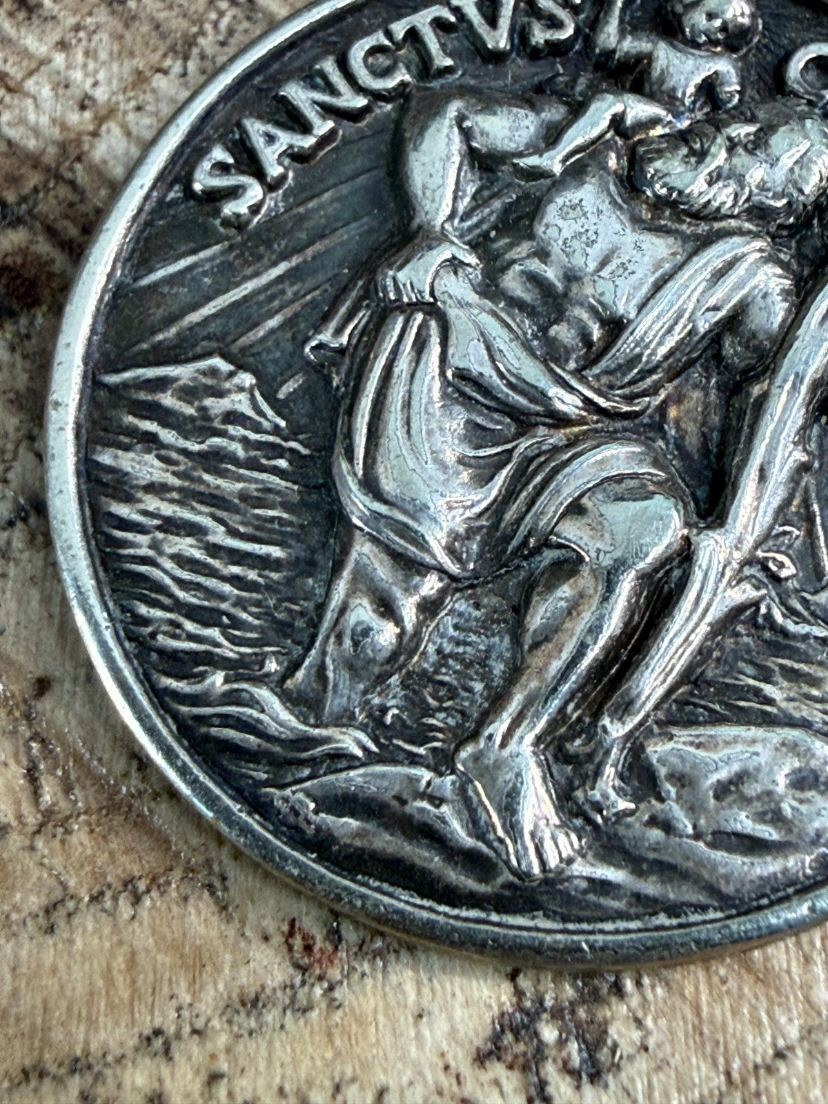 Vintage St Christopher Medal Pendant Silver Tone Sanctus Christofor Inscribed