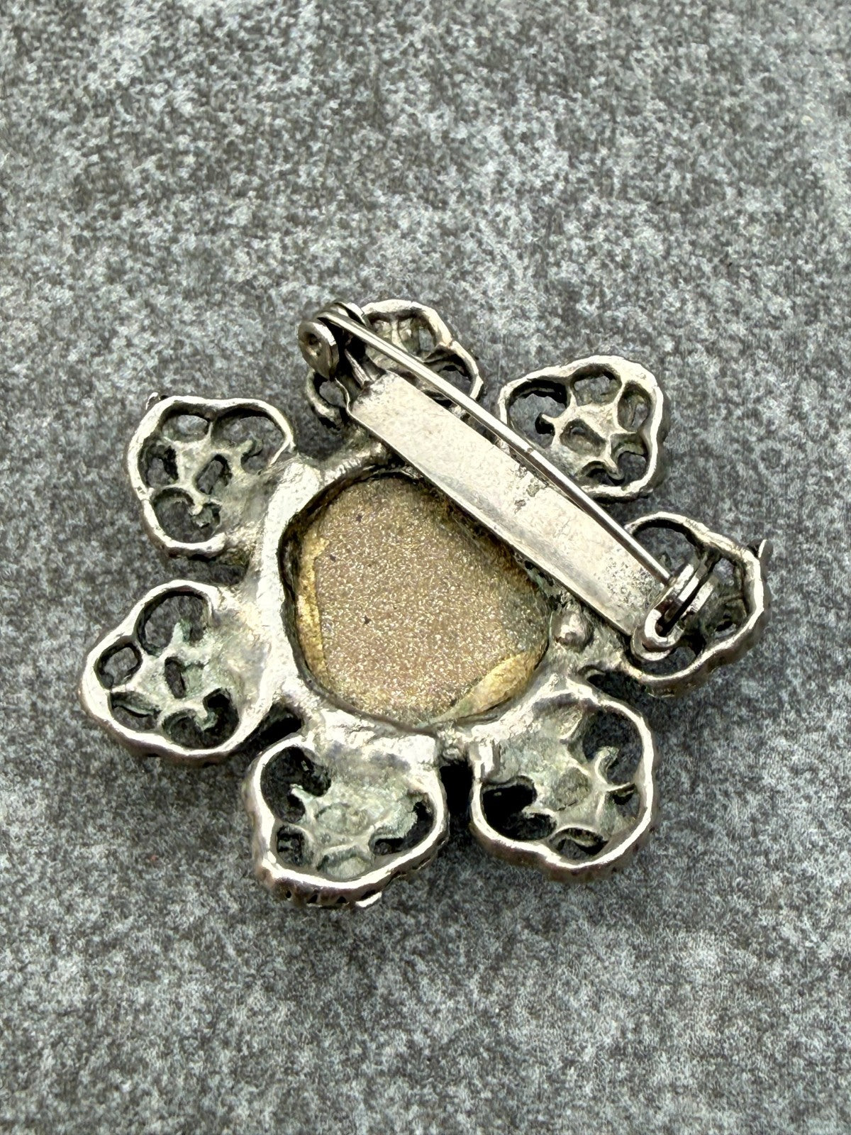 Vintage Flower Brooch Silver Tone Orange Foil Backed Glass Cabochon Floral Pin