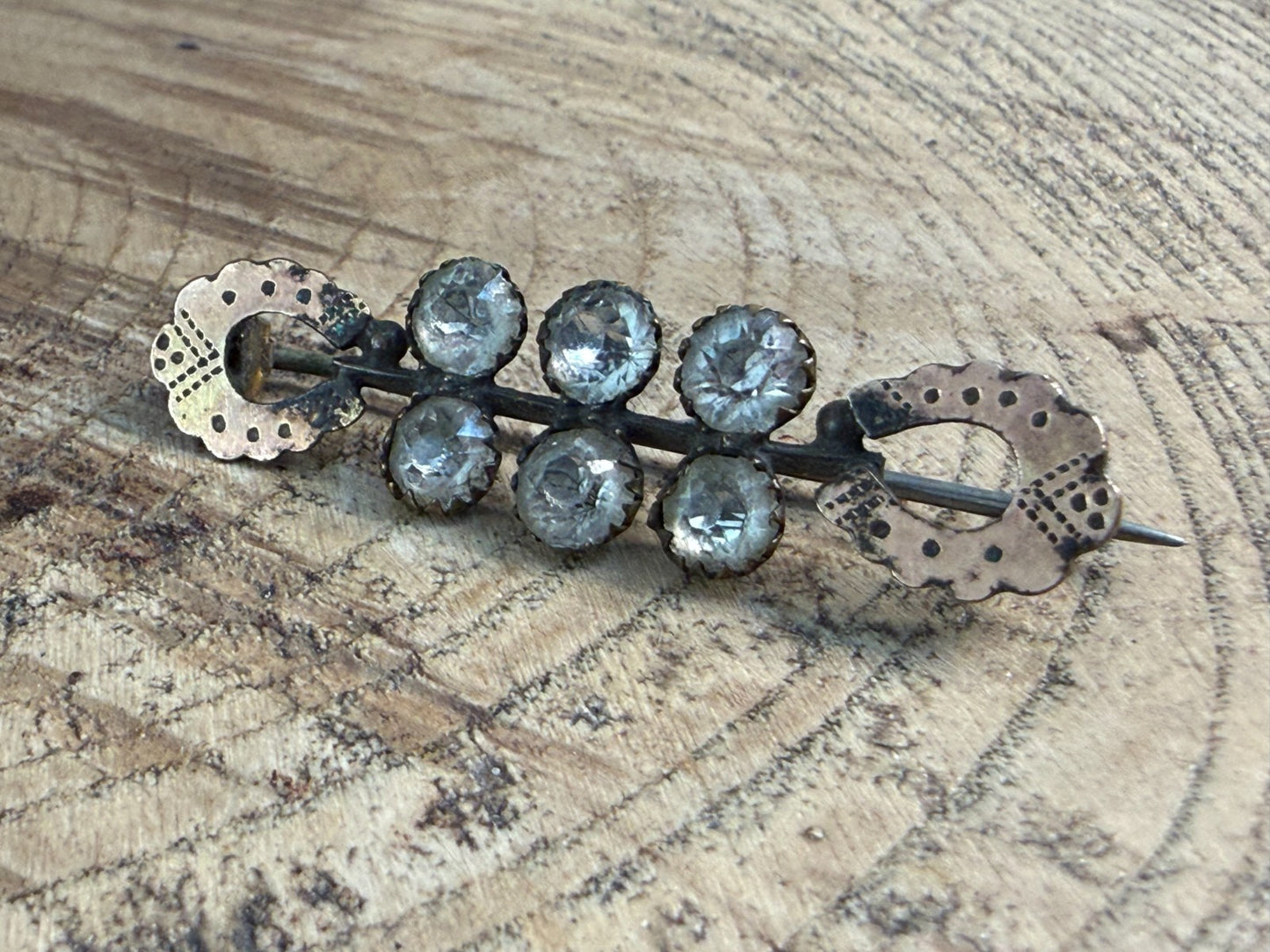 Antique Edwardian Paste Bar Brooch Lucky Horseshoe Pin Rose Gold Rhinestone