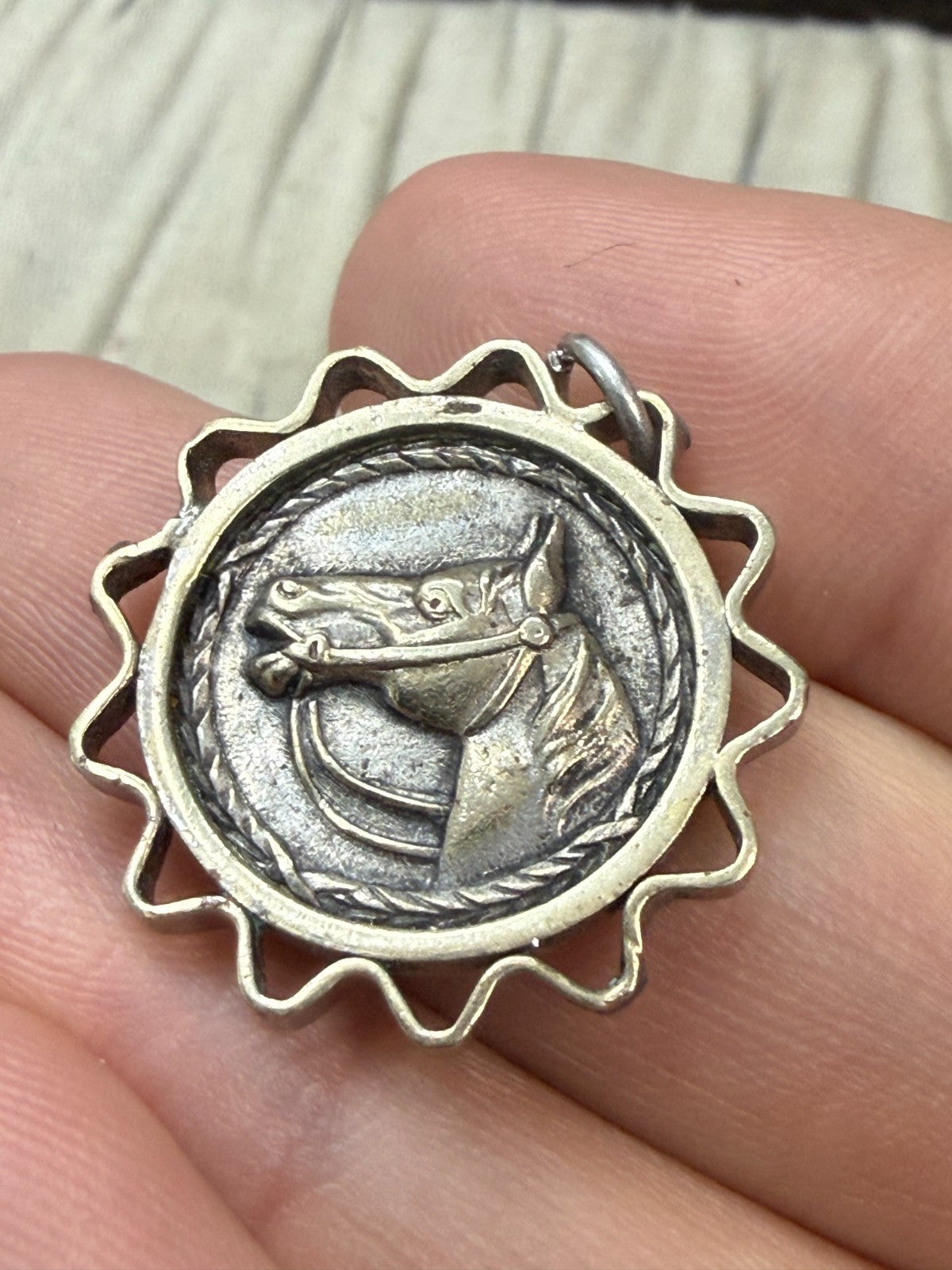 Vintage Horse Head Pendant Silver Tone Fob Medal Equestrian Scalloped Border