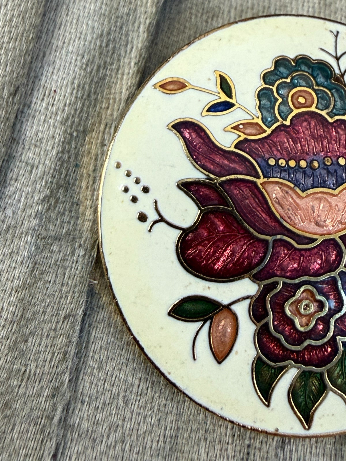 Vintage Cloisonné Enamel Floral Brooch Multicolour Flower Round Gold Tone Pin