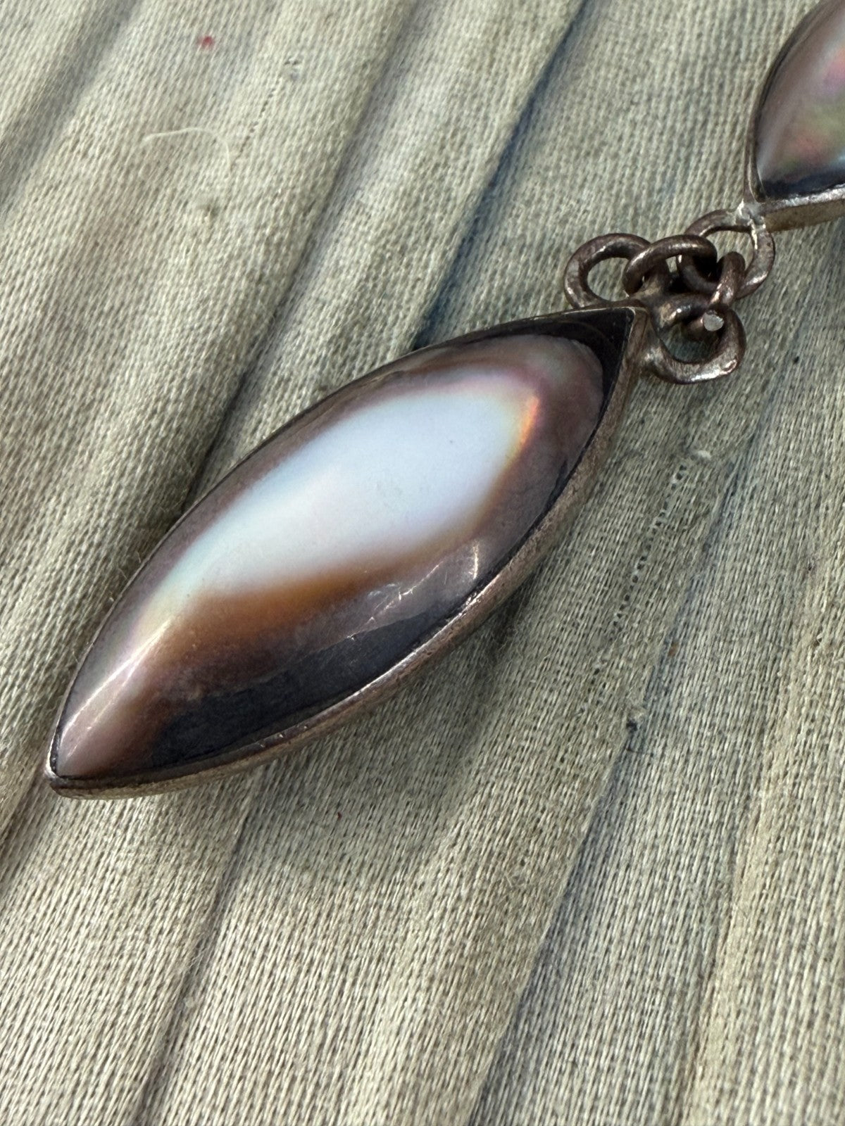 Vintage Silver Tone Double Drop Pendant Grey Mother of Pearl Marquise MOP