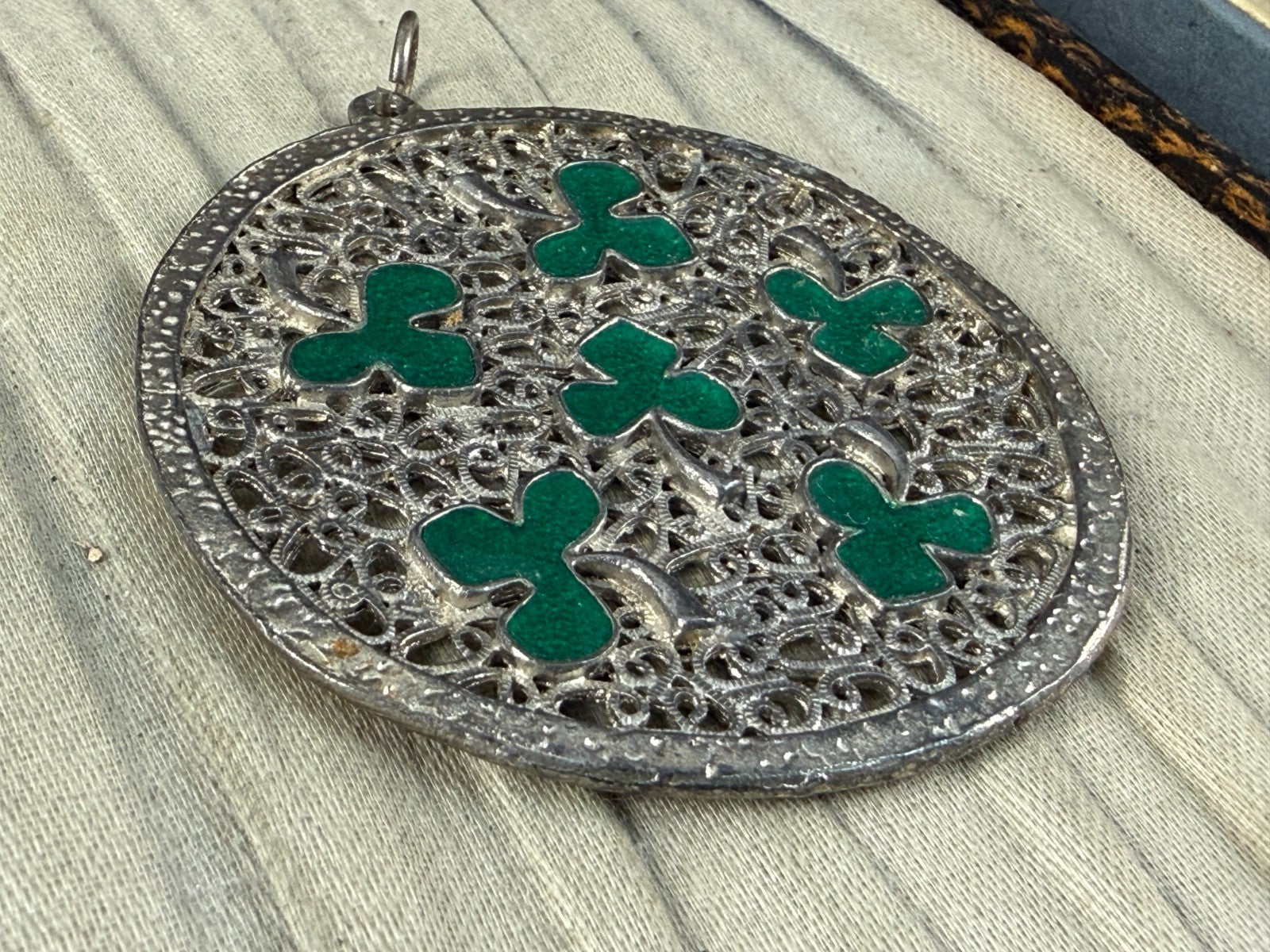 Vintage Silver Tone Shamrock Pendant Green Enamel Openwork Celtic Clover Lucky
