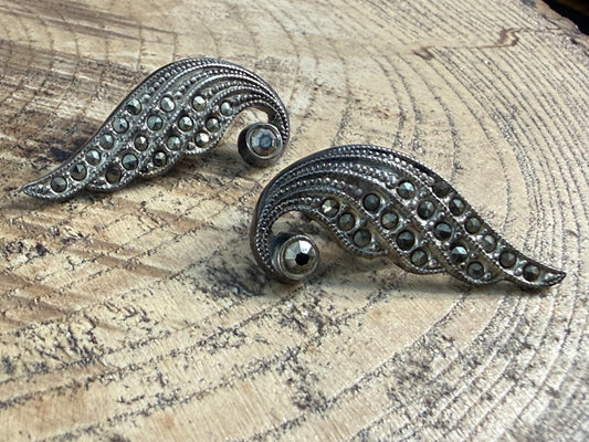 Vintage Art Deco Silver Marcasite Clip On Earrings Swirl Scroll Wave Sparkly