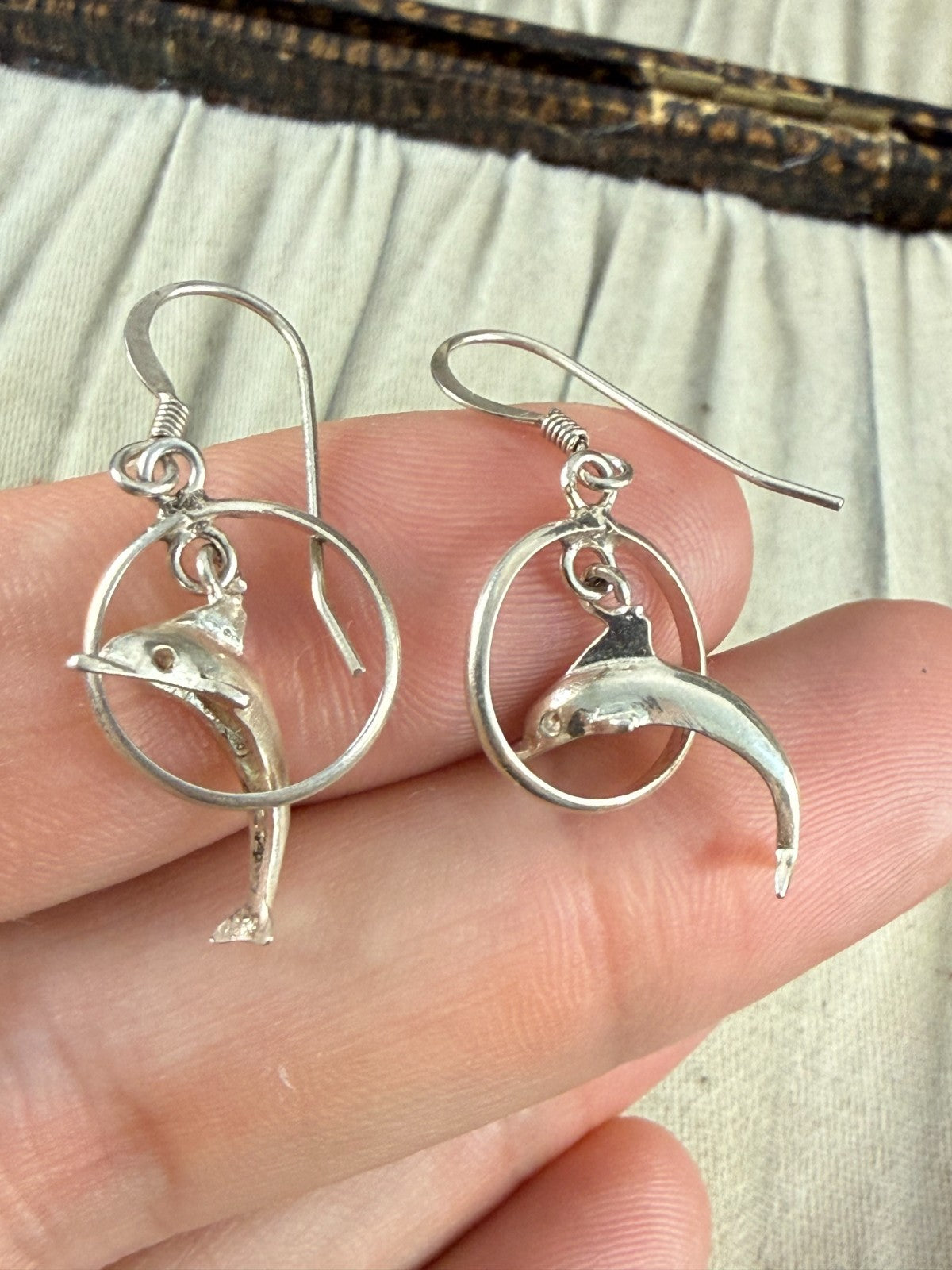 Sterling Silver 925 Dolphin Hoop Drop Earrings Retro Novelty Fish Hook Dangle