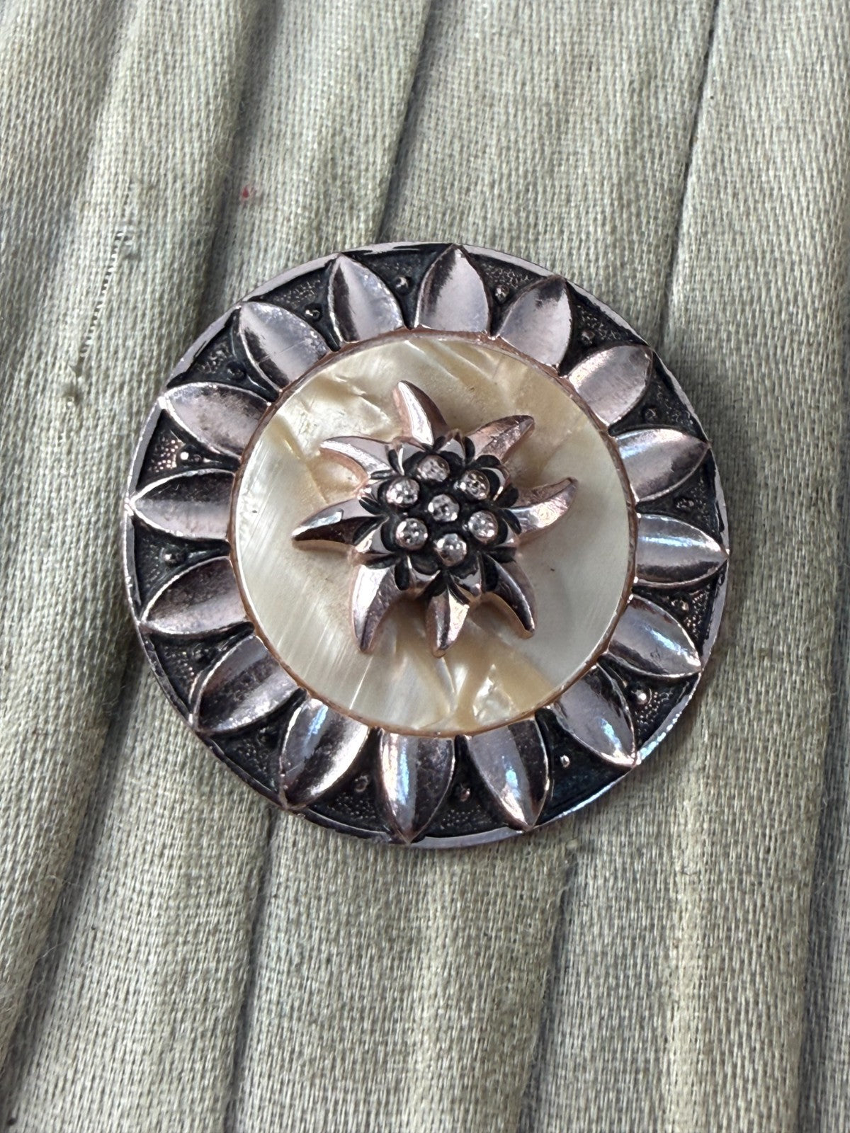 Vintage Edelweiss Scarf Clip Mother of Pearl Rose Gold Tone Alpine Flower Pin