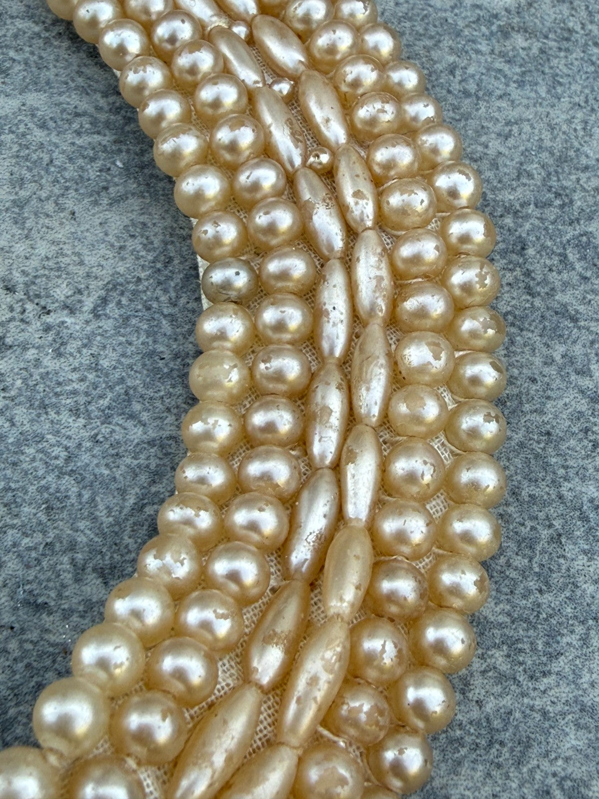 Vintage Cream Faux Pearl Flapper Necklace Collar Bib Style Fabric Mid Century