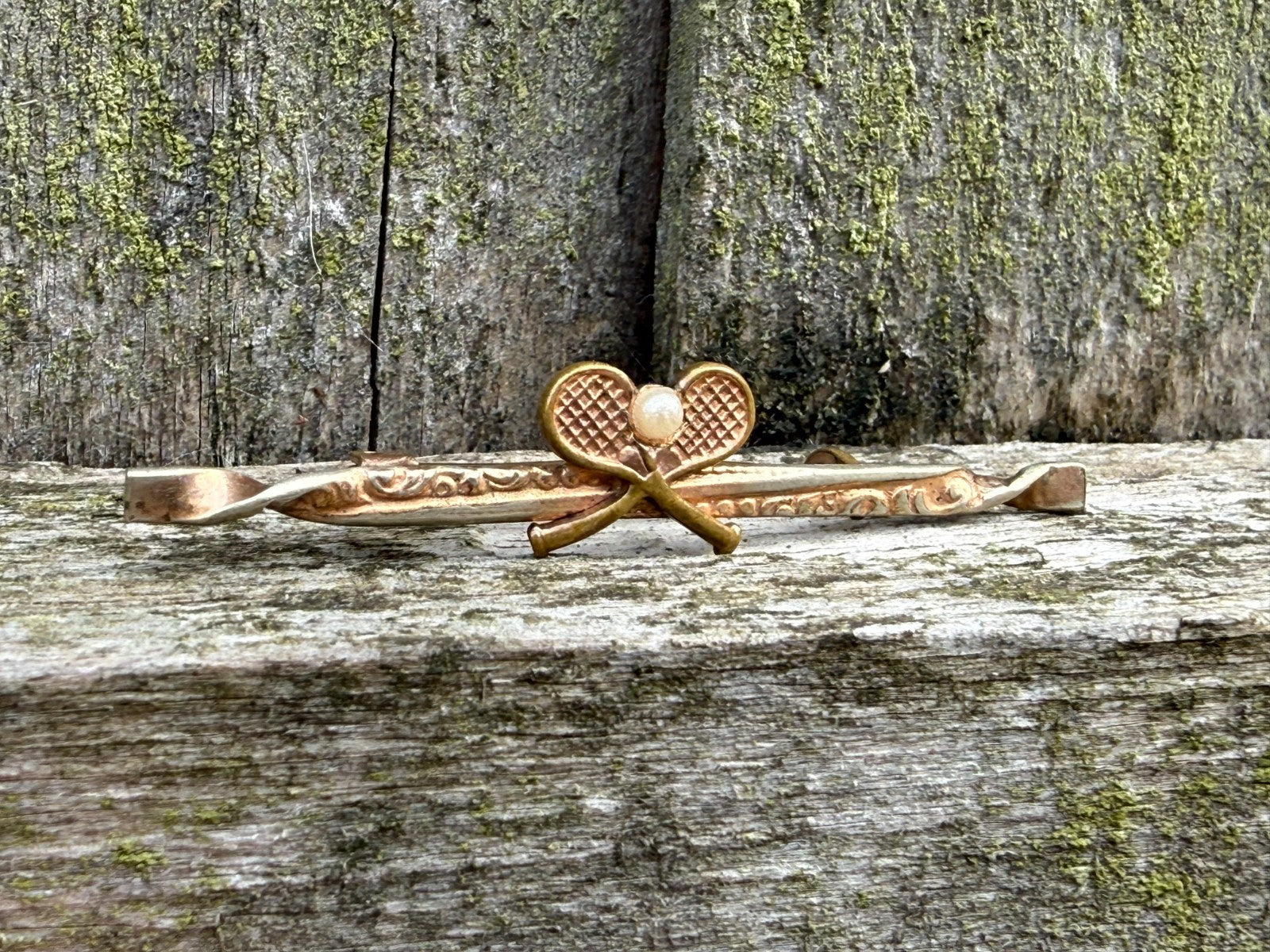 Antique Tennis Bar Brooch Rose Gold Tone Faux Pearl Sports Racquet Padel Gift