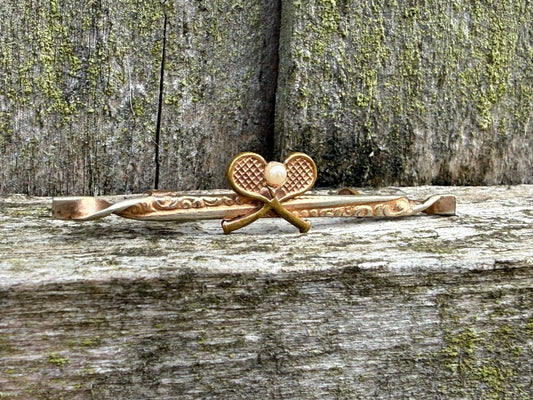 Antique Tennis Bar Brooch Rose Gold Tone Faux Pearl Sports Racquet Padel Gift