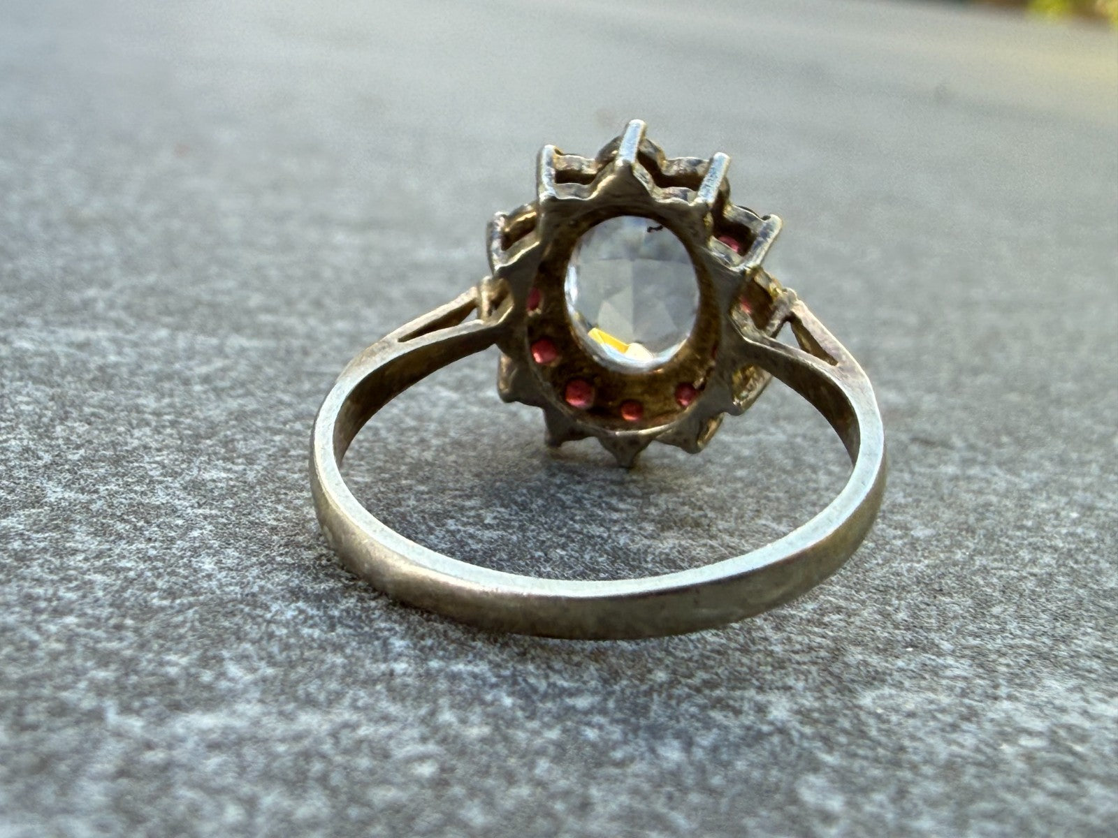 Vintage Silver Milky Quartz Ring Red Glass Rhinestone Cluster Cocktail Size M
