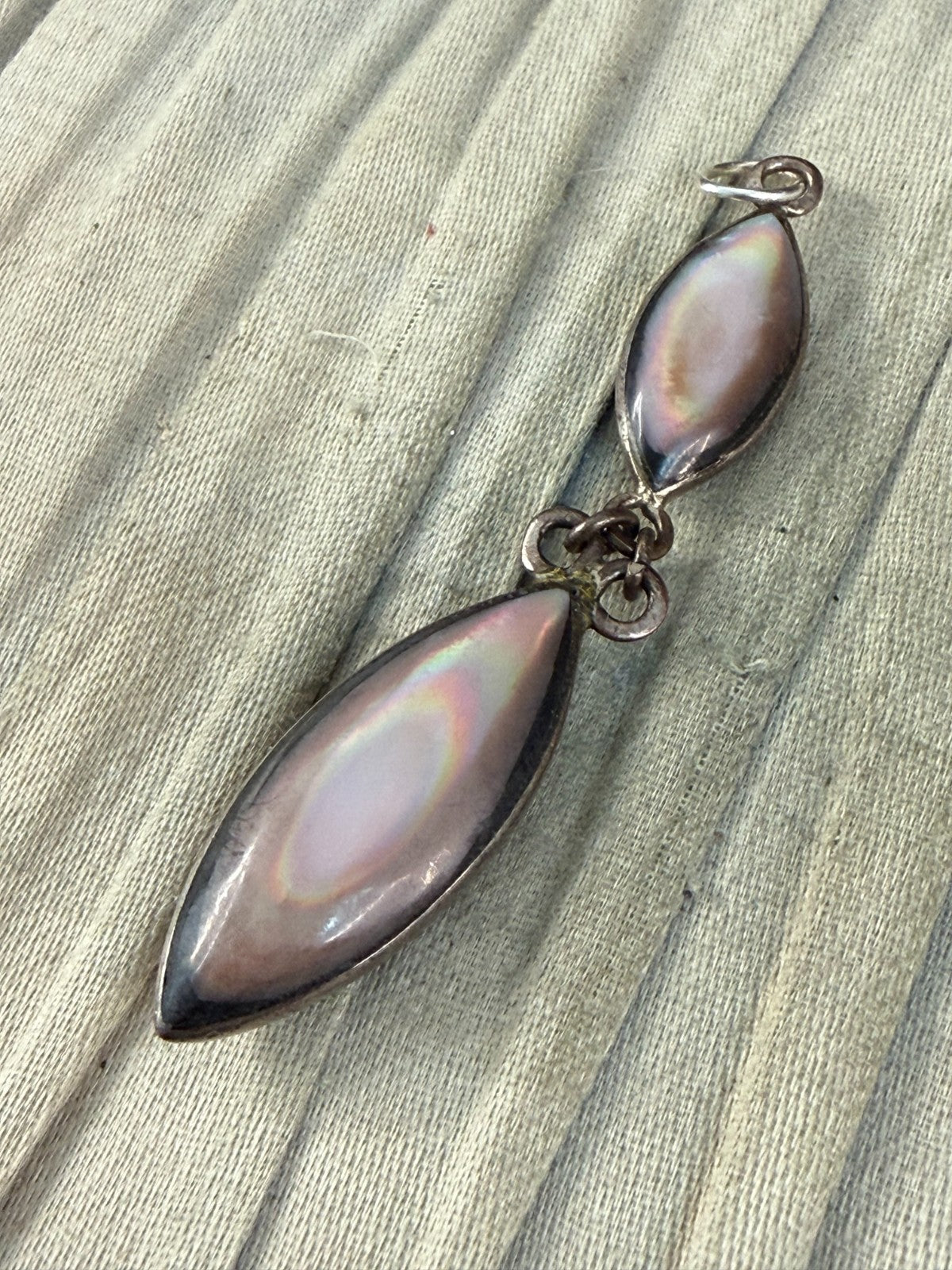Vintage Silver Tone Double Drop Pendant Grey Mother of Pearl Marquise MOP