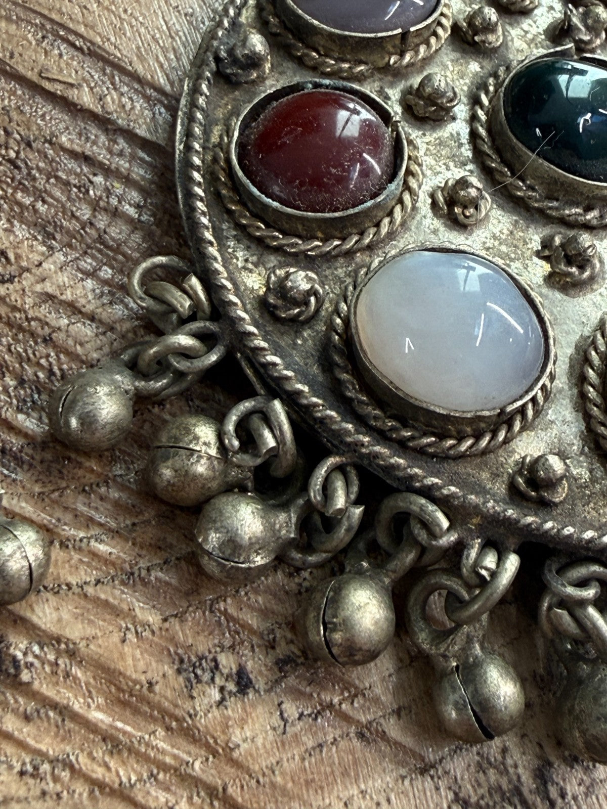 Vintage Tibetan Himalayan Tribal Earrings Agate Silver Tone Bell Drop Dangle
