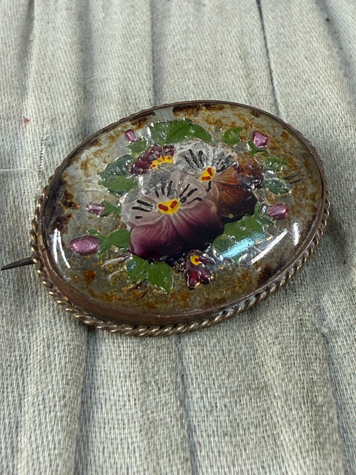 Antique Goofus Glass Pansy Brooch Floral Oval Gold Tone Painted Victorian