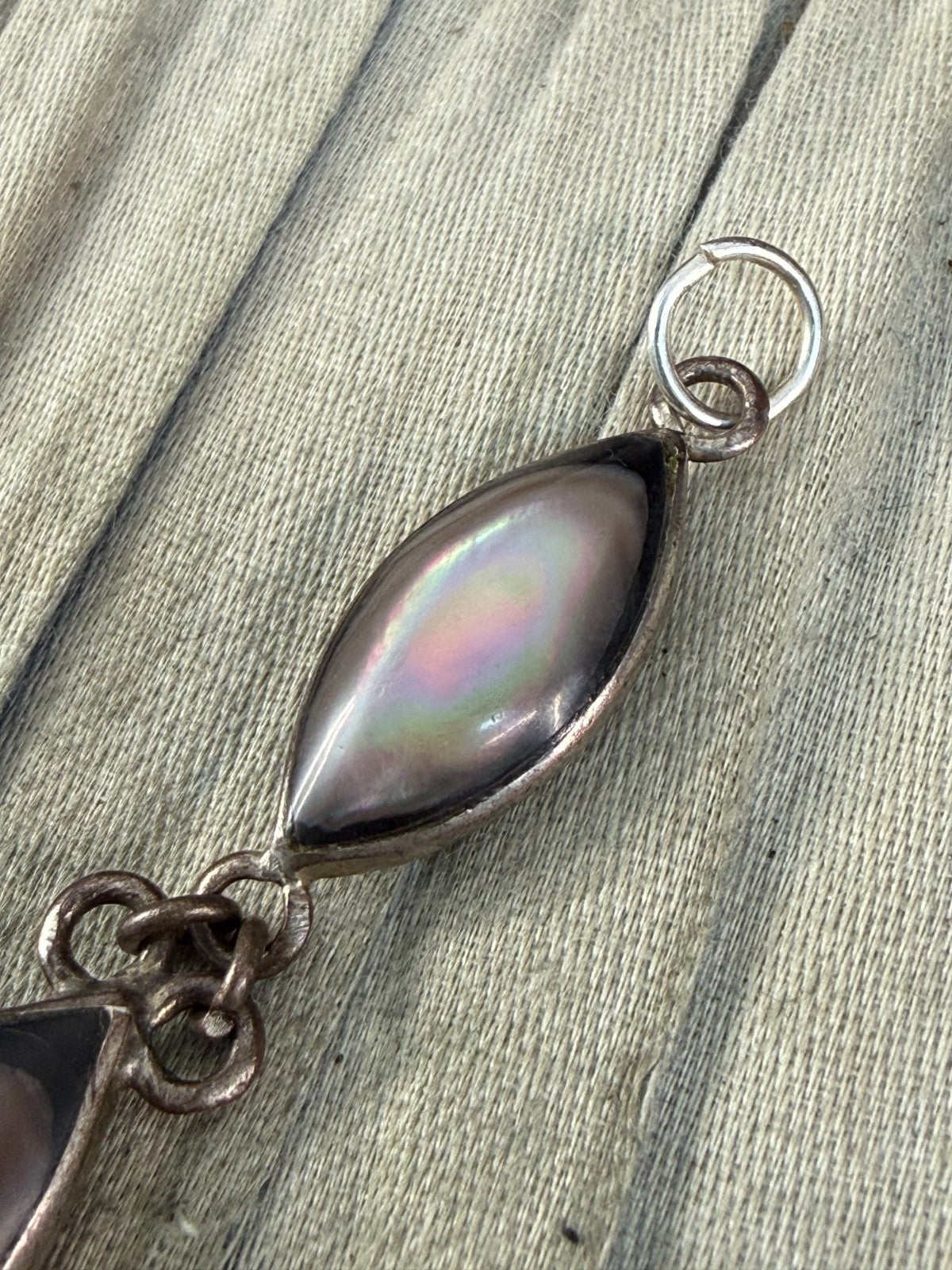Vintage Silver Tone Double Drop Pendant Grey Mother of Pearl Marquise MOP