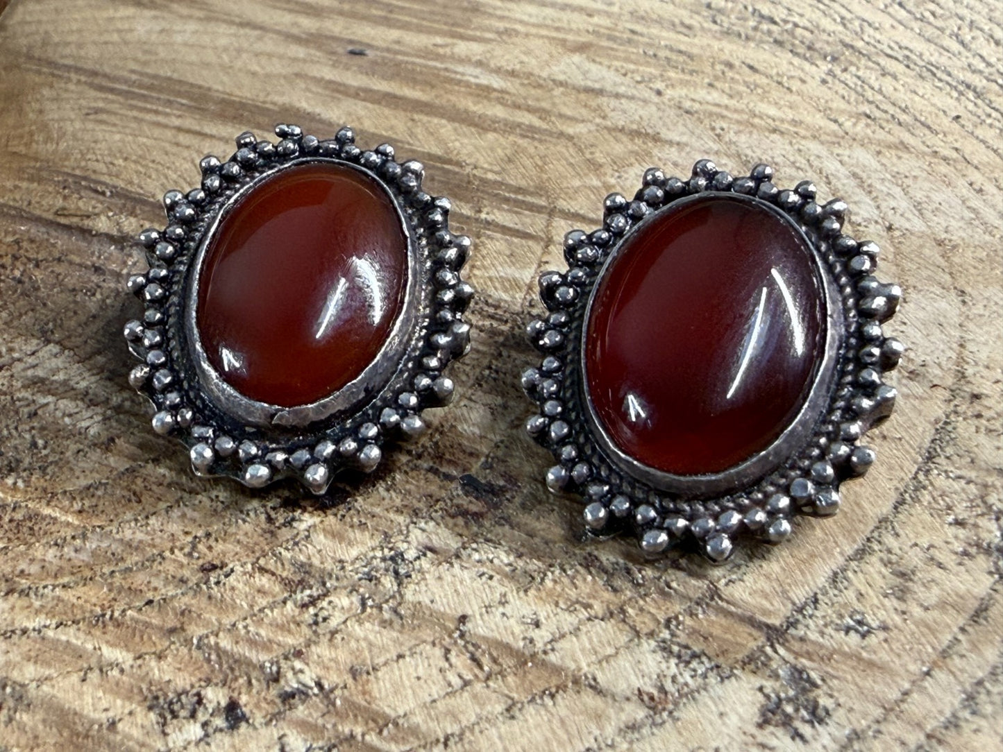 Vintage Sterling Silver 925 Carnelian Cabochon Clip On Earrings Granulated